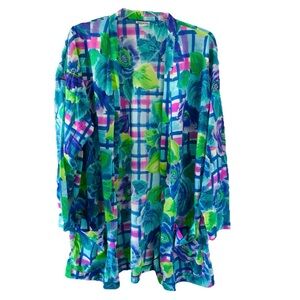 Vintage 80s Sandcastle Floral Print Open Front Beach Swimsuit Cover Up Robe Sz L